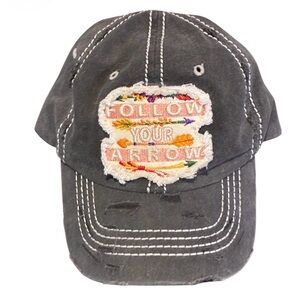 Distressed Gray Cap with “Follow Your Arrows” Embroidered Patch